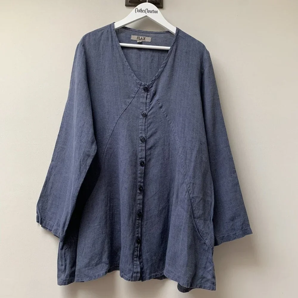 FLAX Linen Tunic Top Size Small Blue Holiday Relaxed Oversized Long Sleeves - Picture 1 of 10